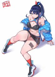 belly_button big_breasts blue_eyes blue_hair bra criss-cross_halter cross-halter halter_bikini halterneck juaagacgy long_hair looking_at_viewer looking_up miniskirt open_jacket sitting sitting_down skirt skirt_lift skirt_up slim_waist socks ssss.gridman takarada_rikka teenager thick_thighs tied_hair viewed_from_above wide_hips