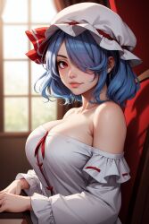 aged_up ai_generated bangs bare_shoulders blue_hair blurry_background breasts cleavage dress female frills hair_over_one_eye hat indoors large_breasts lips long_sleeves looking_at_viewer medium_hair mob_cap off-shoulder_dress off_shoulder red_bow red_eyes red_ribbon remilia_scarlet ribbon sitting solo solo_focus touhou upper_body white_dress white_headwear window wombat9043