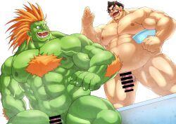 balls bara blanka capcom censored_penis chest_hair edmond_honda flaccid green_body green_skin jin_mochi_be male male_only muscles muscular nude orange_hair penis street_fighter water