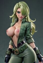 1girls ai ai_generated belt black_fingerless_gloves blonde_hair blue_eyes breasts breasts_out cleavage fingerless_gloves green_jacket green_pants hair_over_eye hair_over_one_eye jacket konami long_hair metal_gear metal_gear_solid nipples pants sniper_wolf