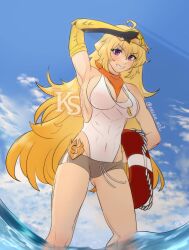 1girls ahoge blonde_hair kasanart lavender_eyes rwby swimsuit yang_xiao_long