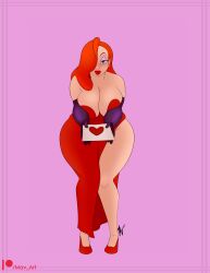 big_breasts curvy eyeshadow hair_over_one_eye high_heels huge_breasts jessica_rabbit large_breasts letter lipstick m-a-v-e-r-i-c-k orange_hair red_dress red_lipstick valentine's_day valentines_day_card voluptuous who_framed_roger_rabbit