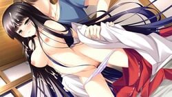 1boy arikawa_satoru black_hair blush breasts censored cum cum_on_hair dutch_angle facial female game_cg hakama japanese_clothes miko nipples open_mouth panties panties_pull panty_pull source_request spread_legs topless undressing very_long_hair