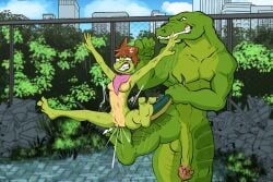 2_toes 3_toes alligator alligatorid amphibian animal_genitalia animal_penis anthro attack balls biceps big_penis breasts brown_hair claws clenched_teeth crocodile crocodilian crotch_attack crotch_kick curling_toes digital_media_(artwork) duo featureless_breasts feet female female_penetrated fight fingers flaccid genital_torture genitals green_body hair hi_res holding_tail kerchief kerchief_only kick leatherhead male male/female male_penetrating male_penetrating_female mona_lisa_(tmnt) mostly_nude muscular muscular_anthro muscular_male neckerchief neckerchief_only neckwear non-mammal_breasts nude on_one_leg outside pain pecs penetration penis plant plantigrade public pulling_hair reptile salamander scales scalie sex soles spread_legs spreading standing tail teenage_mutant_ninja_turtles teeth toe_claws toe_in_pussy toe_insertion toes touching_hair vaginal_penetration vaginal_penetration vulva zafara_(artist)