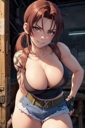 1girls 2d ai_generated amber_eyes big_breasts black_lagoon boob_window brown_hair brunette league69 long_hair looking_at_viewer maroon_hair ponytail revy short_pants tan-skinned_female tan_skin tattoo white_female