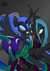 2012 alicorn anal anus armor ass blue_eyes blue_hair blush changeling crown cum cum_in_pussy cum_inside cutie_mark equine female friendship_is_magic hair helmet horn horse long_hair looking_at_viewer looking_back my_little_pony nightmare_moon_(mlp) oral oral_sex penetration pony princess_luna_(mlp) pussy pussy_juice queen_chrysalis_(mlp) sex smooth_skin tentacle tongue vaginal_penetration wings zev