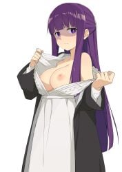 1girls areolae breasts breasts_out breasts_out_of_clothes female female_only fern_(sousou_no_frieren) huge_breasts light-skinned_female light_skin long_hair morisobo nipples no_bra purple_hair solo solo_male sousou_no_frieren taking_clothes_off undressing white_background