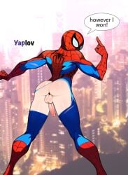 1boy artist_name ass back_view balls city city_background clothes clothing cock costume dick exposed_ass looking_back male male_only marvel marvel_comics outdoors penis rear_view sky solo spider-man spider-man_(series) superhero tagme torn_clothes torn_clothing yaplov