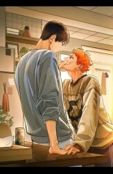 2boys blush haikyuu!! hand_over_mouth height_difference kitchen leaning_on_person orange_hair pinched_mouth qyhssss safe_for_work shoyo_hinata sweater tobio_kageyama touching_hand yaoi