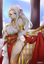 1340smile 1girls alternate_costume ass breasts dancer dancer_(three_houses) dancer_outfit edelgard_von_hresvelg female female_only fire_emblem fire_emblem:_three_houses grey_hair looking_at_viewer nintendo purple_eyes sideboob small_breasts solo thighs