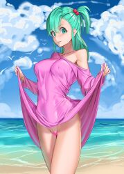 asymmetrical_bangs beach blue_hair blue_sky breasts bulma's_panty_flash bulma_briefs censored closed_mouth clothes_lift cloud commentary_request covered_navel covered_nipples dragon_ball dragon_ball_(classic) dress dress_lift female green_eyes green_hair heart heart_censor highres large_breasts lifted_by_self light_smile long_dress massive_kagawa no_panties ocean off_shoulder one_side_up pink_dress single_bare_shoulder sky solo standing teal_hair teenage_bulma teenager