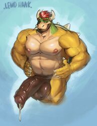 anthro ass balls barazoku big_muscles big_penis bodily_fluids bowser brown_balls brown_glans brown_penis claws cum cum_drip cum_on_self dripping ejaculation foreskin genital_fluids genitals glans gold_(metal) gold_jewelry gold_ring hi_res huge_cock jewelry king knock-kneed koopa lewdhank loose_foreskin male male_only mario_(series) muscular musk musky_balls musky_cock nintendo penis precum precum_drip royalty scalie shell smile smirk smug_face solo spiked_shell spikes spikes_(anatomy) standing