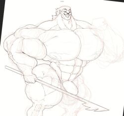 1boy gay grin huge_bulge huge_chest huge_hands lunion19 muscular muscular_male presenting sharp_teeth six_pack sketch smile sohone_(mune:_guardian_of_the_moon) spear unfinished wide_smile