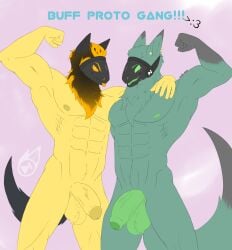 2boys abs absurd_res anthro artist_logo artist_name ball_tuft balls ballsack bara body_fur duo flexing foreskin foreskin_folds gay genitals green_fur hi_res humanoid_penis intact machine male male/male male_nipples male_only masculine muscles muscular_male neck_ruff nude_male partially_retracted_foreskin pecs penis protogen ramuel_(sometimessillyfox) retracted_foreskin scrotum semi-erect shifter_(shifter_gamer) shifter_gamer tail testicles uncut veiny_penis yellow_fur