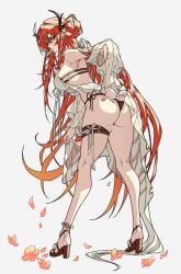 arknights back_view bare_legs big_ass big_breasts high_heels horns leaning_forward long_hair looking_at_viewer looking_back red_hair shokikanes sideboob skirt surtr_(arknights) thick_thighs tied_hair