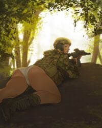 1girls 2d 2d_(artwork) assault_rifle blue_eyes boots bright_background bulletproof_vest clothing dat_ass deltamagna female female_operator female_warrior firearm footwear forest gun headphones helmet holding_weapon human lipstick looking_at_viewer looking_back lying lying_on_ground military military_boots no_pants operator outdoors pale_skin panties rifle solo solo_female sunny tactical_gear tactical_vest thick_ass thick_legs thick_thighs weapon