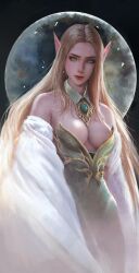 bare_shoulders big_breasts blonde_hair d_mi24 elf elf_ears elf_female elf_girl green_eyes lipstick long_hair moon moonlight necklace oc original original_character painting_(artwork) pointy_ears portrait slim_waist