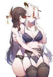 2girls ai_generated beidou_(genshin_impact) belly_button bra brown_eyes brown_hair closed_eyes embrace garter_belt garter_straps genshin_impact hair_ornament hoyoverse hugging hugging_from_behind lingerie lingerie_only long_hair ningguang_(genshin_impact) open_shirt panties setsuaiart slim_waist smiling stockings thick_thighs thigh_highs thighhighs underwear white_hair wide_hips yuri