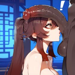 ! 1boy 1girls ai_generated balls big_balls big_penis brown_hair dark-skinned_male female floox genshin_impact hu_tao_(genshin_impact) interracial light-skinned_female male penis penis_awe penis_on_face thiccwithaq_(ai_style) twintails