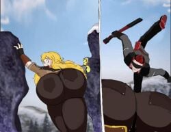 adam_taurus ass ass_focus big_ass blonde_hair dat_ass fat_ass fight funny humour kicking looking_back meme omnipotrent prosthetic_arm red_hair robotic_arm rock rwby stuck thick_ass yang_xiao_long