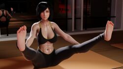 1girls 3d athletic athletic_female beddetective feet female female_only final_fantasy final_fantasy_vii final_fantasy_vii_remake fully_clothed leggings legs_up looking_at_viewer solo sports_bra sportswear square_enix sweat sweaty sweaty_body tifa_lockhart yoga_mat