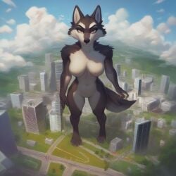 ai_generated aiposter breasts brown_fur city from_above furry giantess looking_at_viewer macro paws white_fur wolf