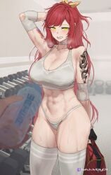 1girls abs arm_tattoo arms_behind_head big_breasts bra breasts choker cleavage crop_top dragon_tattoo dumbbell elly_(vtuber) female green_eyes gym gym_bag gym_clothes gym_shorts huge_breasts indie_virtual_youtuber jin_rou large_breasts looking_at_viewer panties ponytail pov red_hair revealing_clothes scratching_head sports_bra sweat sweating tattoo tattoo_on_arm tattooed_arm tattoos teeth topwear underwear virtual_youtuber vtuber