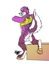 1boy 2012 anthro ass balls blue_eyes canine clothing digitgrade folf fox fur furry hindpaw hybrid kihu looking_at_viewer male male_only nude paws pose purple shirt shyloc smile solo standing tank_top teasing undressing wolf