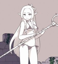 1girls bikini black_and_white braid delicious_in_dungeon dungeon_meshi elf elf_ears elf_female elf_girl female female_only lamb-oic029 marcille_donato side_tie_panties staff tagme triangle_bikini underboob