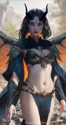 baldur's_gate_3 bare_legs belly_button black_hair blue_eyes breasts d_mi24 dungeons_and_dragons elf elf_ears elf_female elf_girl forgotten_realms horns long_sleeves looking_at_viewer oc original_character skirt slim_waist wings