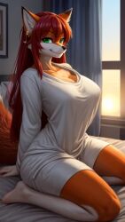 ai_generated baggy_clothing fox furry green_eyes kneeling long_hair orange_fur original_character red_hair shanya_oc t-shirt tagme tail