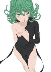 1girls breasts dress exposed_breast female female_only green_hair nipples no_bra no_panties one-punch_man one_breast_out small_breasts solo standing tagme tatsumaki torn_clothes white_background xeno_doujin