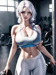 1girls ai_generated blue_eyes gym gym_clothes gym_uniform large_breasts milf mrvectorpath rwby white_hair willow_schnee workout_clothing