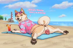 3:2 aloha_shirt animal_genitalia animal_pussy anus beach beach_towel beverage bottomless canid canine canine_genitalia canine_pussy canis clothed clothed_feral clothing cloud curled_tail detailed_background domestic_dog eyewear eyewear_on_head female feral flirting flirting_with_viewer footprint fur genitals hakudoge hi_res lighthouse looking_at_viewer mammal orange_eyes outside panama_(hakudoge) pattern_clothing pattern_shirt pattern_topwear pawpads pawprint pawss pink_clothing pink_pussy pink_shirt pink_topwear plant pussy quadruped seaside shiba_inu shirt smile solo spitz sploot sunglasses sunglasses_on_head tail talking_feral tan_body tan_fur topwear towel tree water