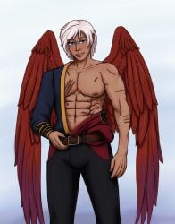 1boy angel angel_wings blue_eyes blush dark-skinned_male dark_skin hunk looking_at_viewer masterchefguy muscles muscular muscular_male oc pinup red_wings scars scars_all_over shirt_open simple_background smile smirk solo solo_male twunk white_hair