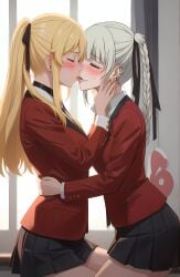 2girls ai_generated ai_hands biting_lip braid kakegurui kissing lesbian momobami_kirari saotome_meari school_uniform skirt tagme