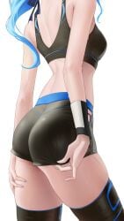 1girls ass back bare_shoulders bike_shorts black_shorts black_sports_bra black_thighhighs blue_hair breasts hololive hololive_gen_0 hololive_japan hoshimachi_suisei medium_breasts nude solo somebody_(leiking00) spandex_shorts sports_bra thighs virtual_youtuber