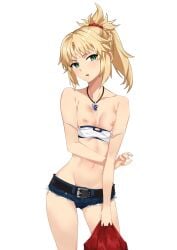 1girls bare_shoulders belt black_belt blonde_hair blue_shorts breasts collarbone denim denim_shorts exposed_belly fate/apocrypha fate_(series) female female_only flat_chest highres mordred_(fate) mordred_(fate/apocrypha) morisobo navel necklace nipples open_mouth ponytail short_hair short_shorts shorts shoulders simple_background small_breasts solo solo_female standing sweat tomboy white_background young