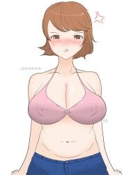 3:4 angry angry_face artist_name bbw belly bikini bikini_top blush breasts brown_eyes brown_hair chubby cleavage embarrassed female female_focus female_only glare gradient_background hi_res jean_shorts large_breasts looking_at_viewer nipple_bulge persona persona_3 self_upload short_hair solo solo_female swimsuit takeba_yukari tummy variant_set yukari_takeba