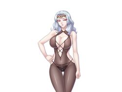 black_panties breasts cara_cromwell cara_the_blood_lord circlet female glowing_eyes hand_on_hip hips kagami large_breasts lilith-soft lingerie lipstick navel nipples panties red_eyes see-through silver_hair solo thong underwear white_hair