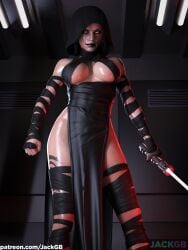 1girls 3d athletic_female bandages big_breasts black_clothing black_hair black_lipstick breasts choker clothed daz3d dress eye_contact female female_focus female_only gloves hands hood hood_up indoors jackgb lightsaber lips lipstick long_dress luminous_eyes no_sex parody rey seductive sith sith_lady sith_rey solo star_wars stockings tagme tattoo tattooed_arm tattooed_leg thighs viewed_from_below yellow_eyes