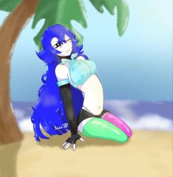 beach blue_hair bongbong employee_(lobotomy_corporation) koliensop_(artist) lobotomy_corporation palm_tree project_moon star_shaped_pupils swimsuit