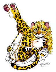 4_toes anus breasts clothed clothing feline female furry green_eyes hair half-dressed hindpaw leopard long_hair looking_at_viewer nipples paws pussy smile solo terrie_smith topless