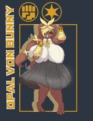 arm_under_breasts big_breasts big_ears brown_fur happy lopunny opal_(al_gx) pikachu_mostacho pokemon pokemon_(species) skirt teeth thighs tights white_shirt