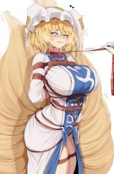 bagelbomb big_breasts blonde_hair bondage bound bound_legs breasts clothed clothing collar cowboy_shot curvy female femsub fox_ears fox_girl fox_tail hair hat heart holding horny kitsune leash leash_and_collar multi_tail ran_yakumo rope shibari_over_clothes short_ solo_focus standing tabard tail touhou