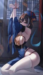 1girls alternate_costume azur_lane black_hair blue_eyes blush bondage breasts detached_sleeves dragon_empery_(azur_lane) eyebrows_visible_through_hair female female_only g_home_(gh) hat huge_breasts hwah_jah_(azur_lane) hwah_jah_(the_festive_undead)_(azur_lane) indoors light-skinned_female light_skin looking_at_viewer official_alternate_costume restrained sideboob solo