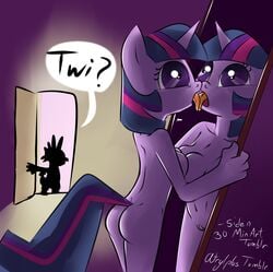 2012 anthro ass breasts door dragon english_text equine female friendship_is_magic hair horn horse licking mirror my_little_pony navel nipples nude pony purple_eyes purple_hair pussy siden smooth_skin spike_(mlp) text tongue tongue_out twilight_sparkle_(mlp) unicorn