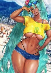 2d athletic athletic_female b_0_rukia beach big_breasts bikini bracelet brazilian brazilian_female brazilian_miku breasts busty crop_top daisy_dukes female female_focus female_only fit fit_female hatsune_miku hourglass_figure long_hair nail_polish navel outdoors outside tagme tan tan_body tan_skin toned toned_female twintails underboob vocaloid wide_hips