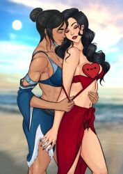 2d 2girls asami_sato avatar_legends black_hair canon_couple censored dark-skinned_female female female/female female_focus female_only girls girls_only hand_on_stomach interracial_yuri korra no_penetration nonbender only_female the_avatar the_legend_of_korra vivaciousalice water_tribe yuri