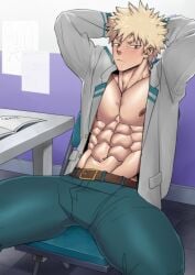 abs hands_behind_head katsuki_bakugou male_only muscular muscular_male my_hero_academia pecs school_uniform solo solo_male suyohara thick_thighs